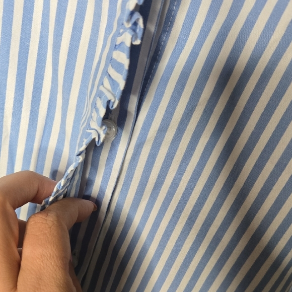 Crown & Ivy Blue White Striped Poplin Shirt Mandarin Collar Coastal Nautical XL - Picture 3 of 9